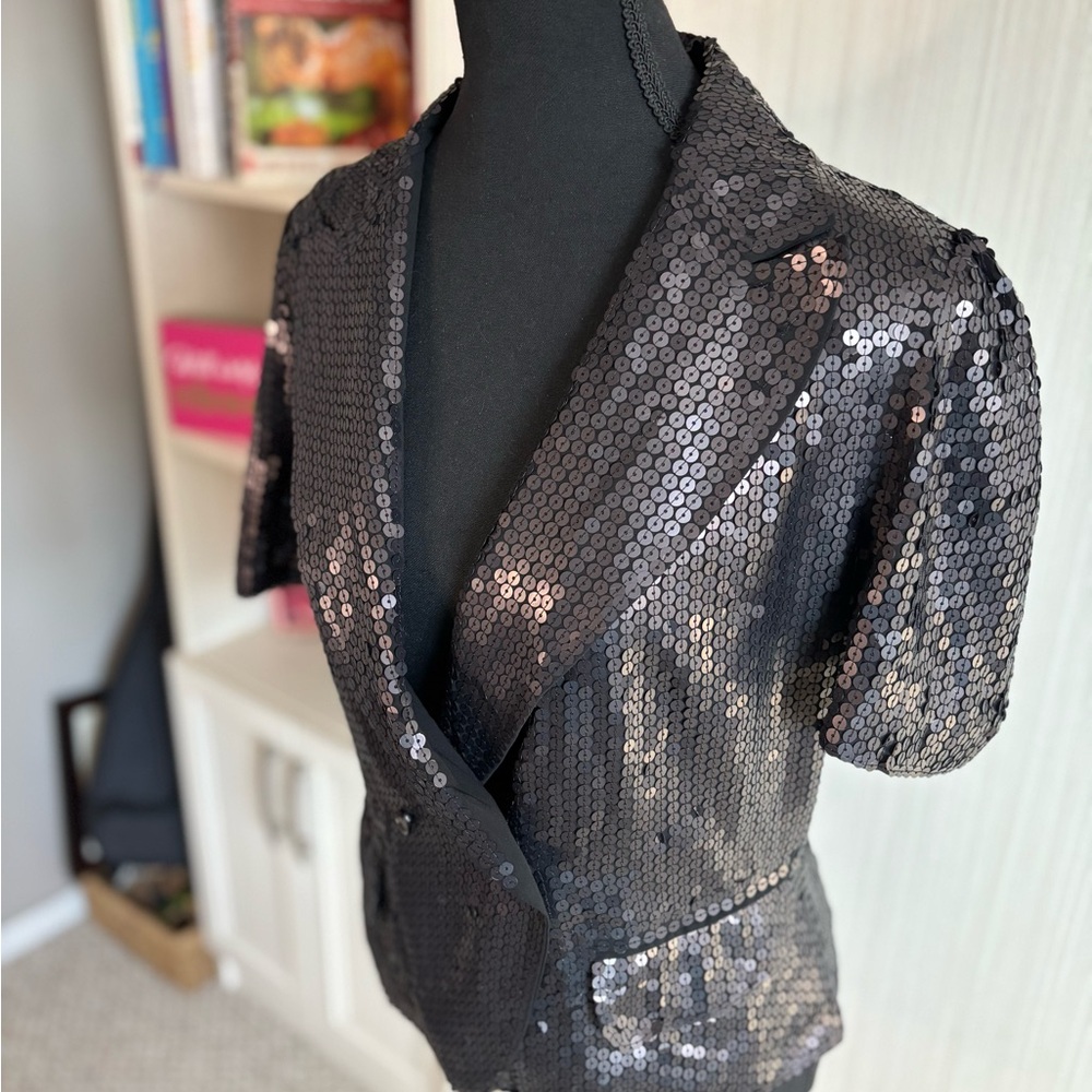 French Connection Chic Black Sequin Short-Sleeve Blazer Size 10 - Picture 3 of 14